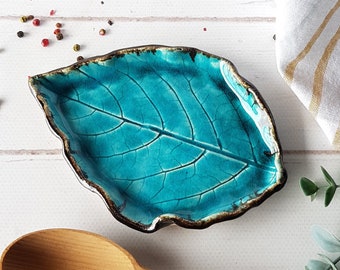 Turquoise spoon rest Ceramic leaf spoon rest Pottery utensil holder