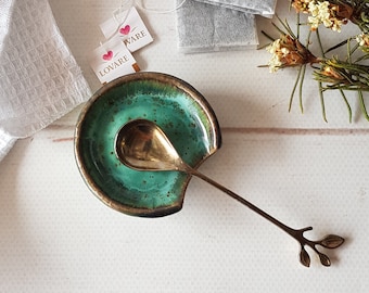 Ceramic tea bag and spoon rest Clay mini emerald green spoon rest handmade Pottery utensil holder