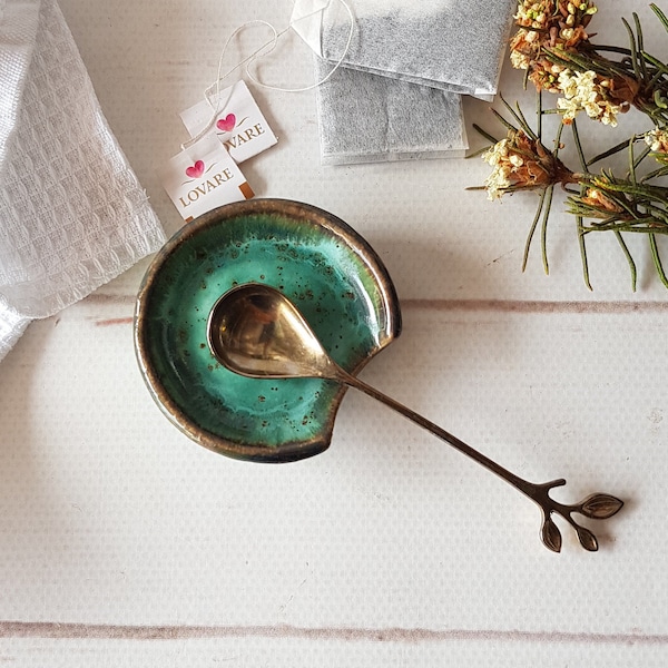 Ceramic tea bag and spoon rest Clay mini emerald green spoon rest handmade Pottery utensil holder