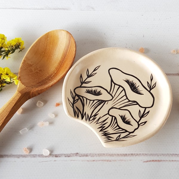 Ceramic mushroom spoon rest handpainted Kitchen chanterelle spoon dish Cottagecore decor Pottery utensil holder