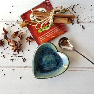 Ceramic heart tea bag and spoon rest Clay mini emerald green spoon rest handmade Pottery utensil holder
