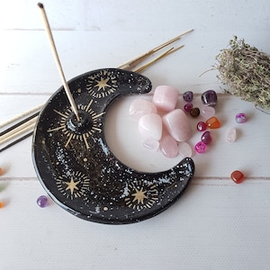 Crescent moon ceramic incense holder Moon incense burner Gold and black decor Wiccan witch altar Celestial lunar Witch gift idea