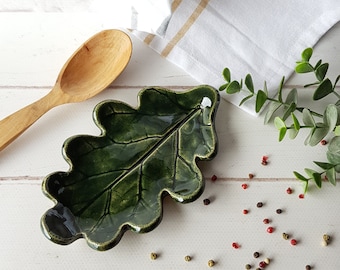 Ceramic oak leaf spoon rest handmade Woodland kitchen decor Pottery utensil holder