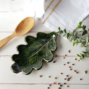 Ceramic oak leaf spoon rest handmade Woodland kitchen decor Pottery utensil holder