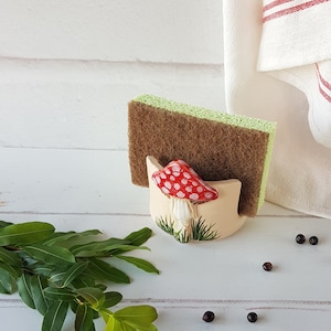 Ceramic amanita mushroom sponge holder Cottagecore decor Mushroom napkin holder