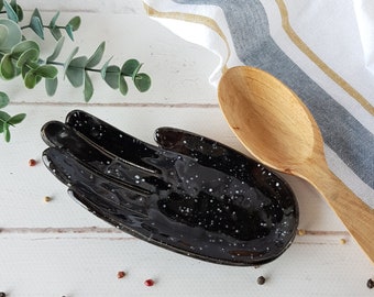 Ceramic hand spoon rest Black spoon rest Pottery utensil holder