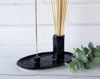 Ceramic black incense stick holder Pottery incense burner Aromatherapy gift Stress relief gift