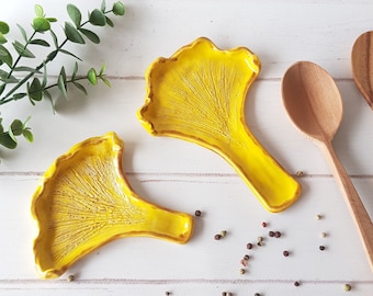 Ceramic chanterelle mushroom spoon rest handmade Kitchen yellow spoon rest Pottery utensil holder