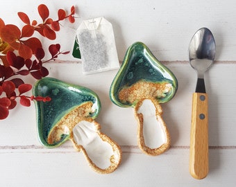 Ceramic emerald mushroom tea bag holder Coffee spoon rest Green small spoon rest Kitchen accessories Nature decor