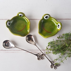 Frog tea bag holder Ceramic cute green froggy spoon rest Pottery utensil holder Frog lover