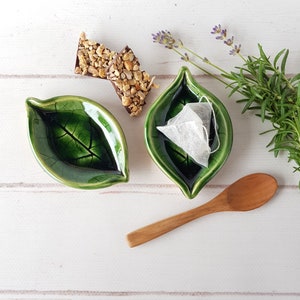 Ceramic leaf tea bag and spoon rest Clay mini green spoon rest handmade Kitchen spoon holder Mother gift