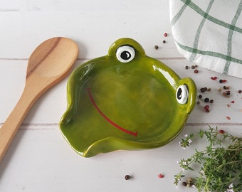 Frog spoon rest Cute green froggy utensil holder Ceramic spoon holder Frog lover