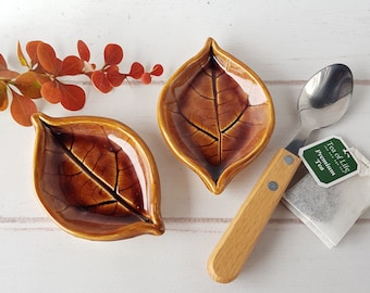 Ceramic leaf tea bag and spoon rest Clay mini brown spoon rest handmade Kitchen spoon holder