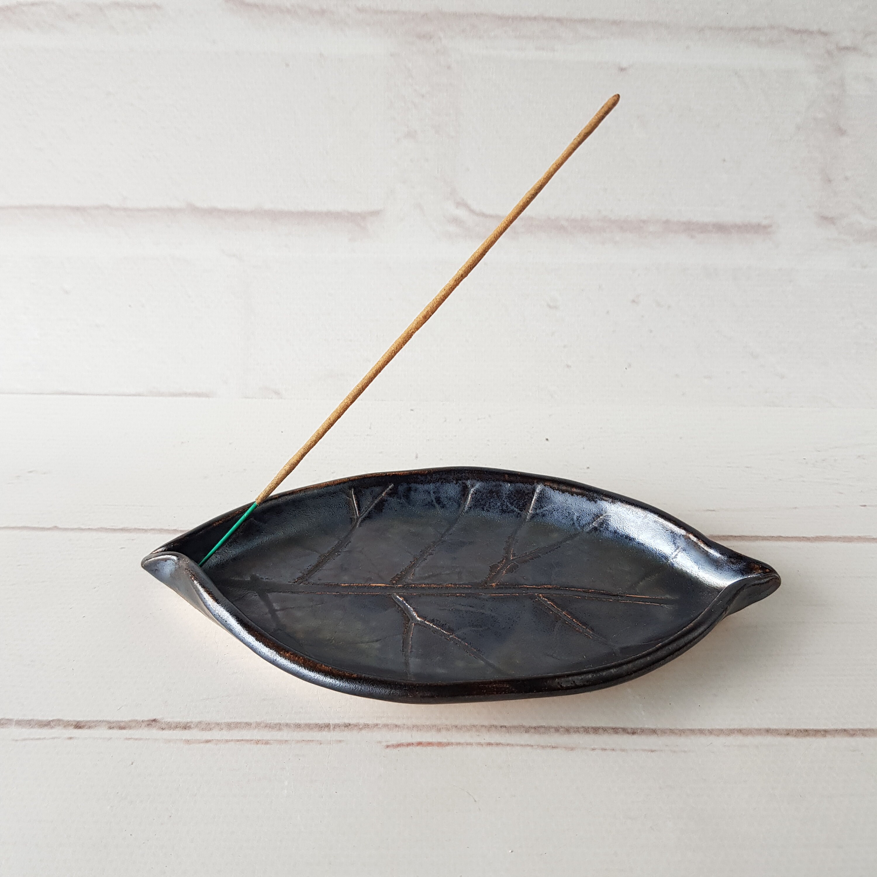Metallic leaf incense stick holder Black smudge dish Ceramic Etsy