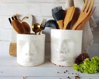 Large ceramic utensils jar with face Utensil holder for kitchen Farmhouse utensils holder Cock chef gift