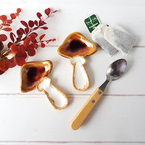 Mushroom tea bag holder Coffee spoon rest Brown small spoon rest Kitchen accessories Nature decor