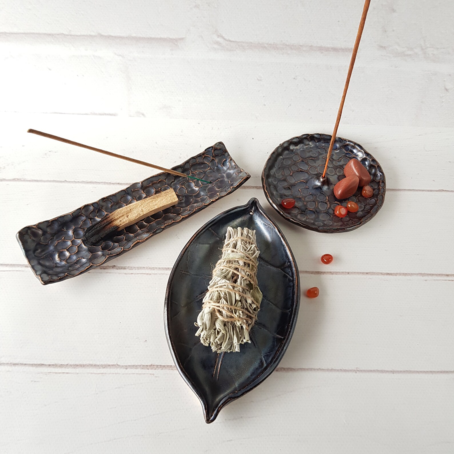 Metallic leaf incense stick holder Black smudge dish Ceramic Etsy