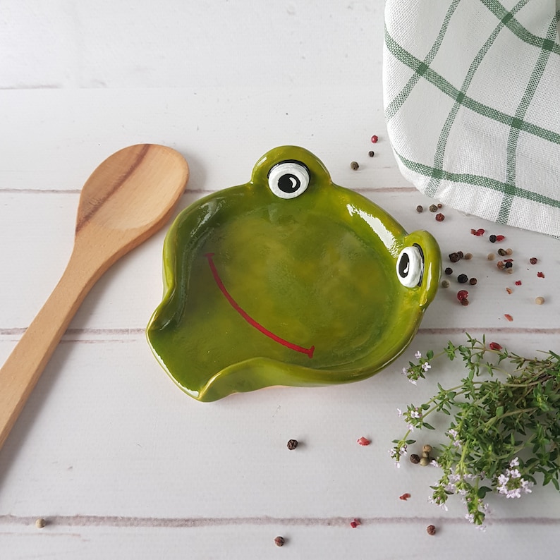 Frog spoon rest Cute green froggy utensil holder Ceramic spoon holder Frog lover