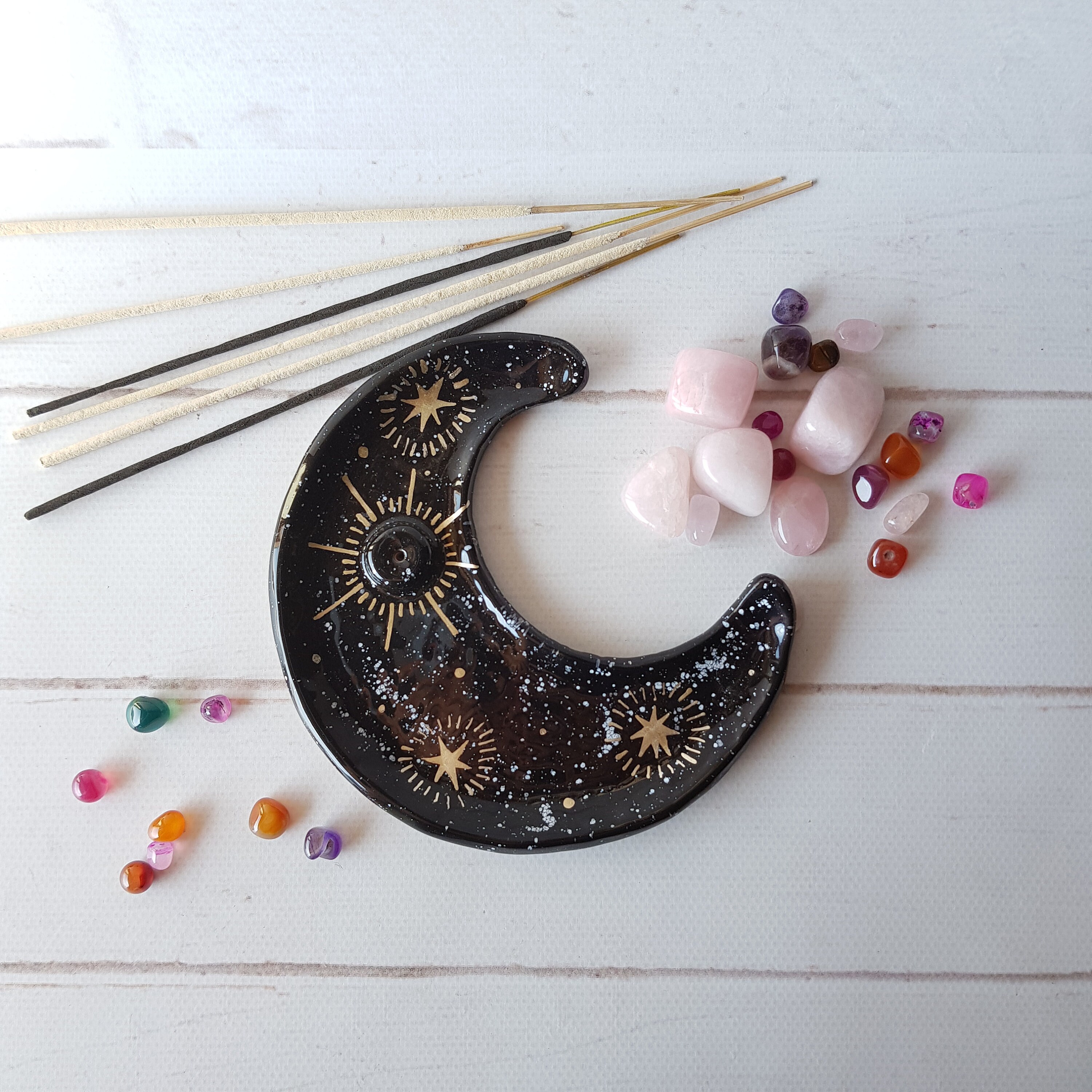 Crescent moon ceramic incense holder Moon incense burner Gold Etsy