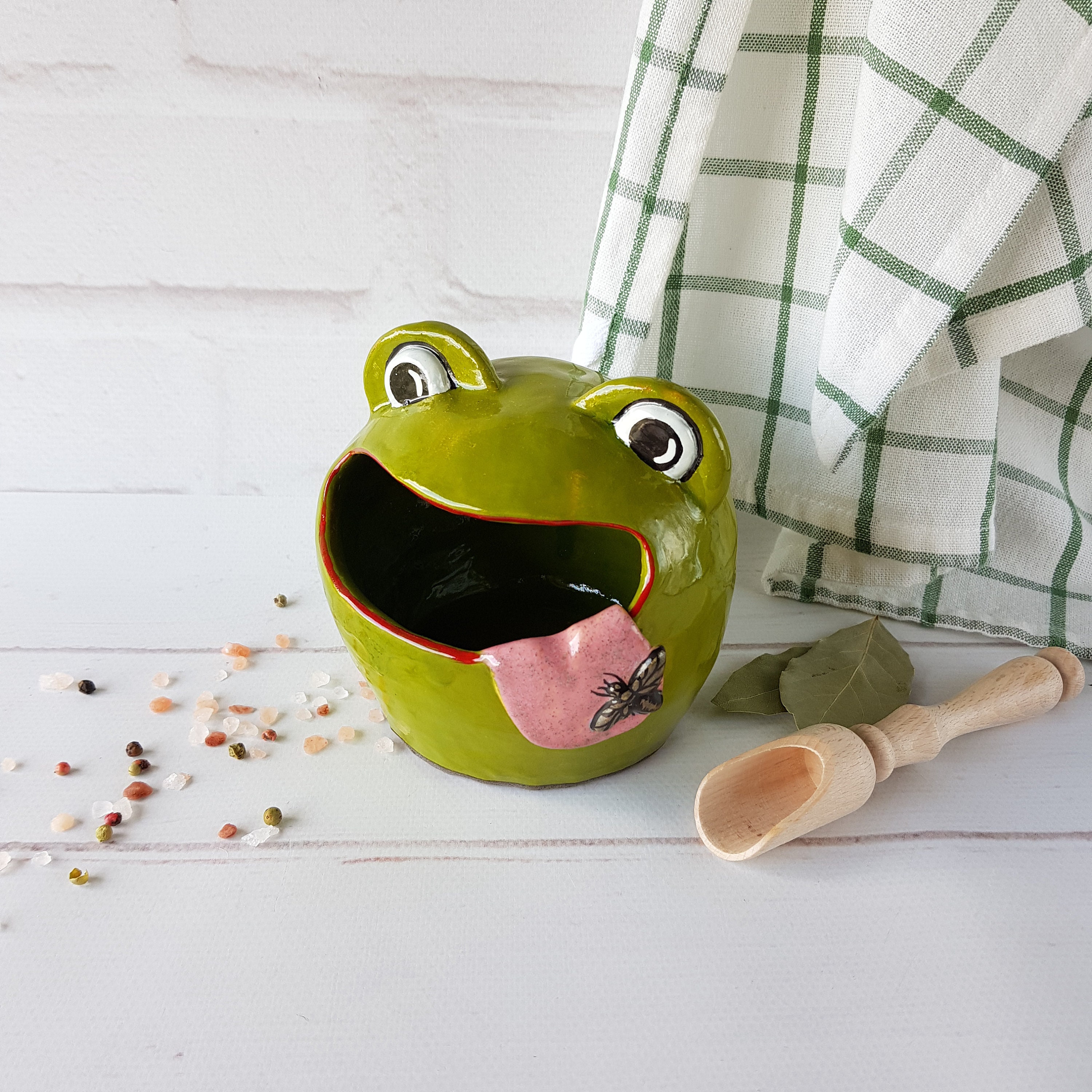 Ceramic Frog Salt Cellar With Spoon Handmade Froggy Spice Holder