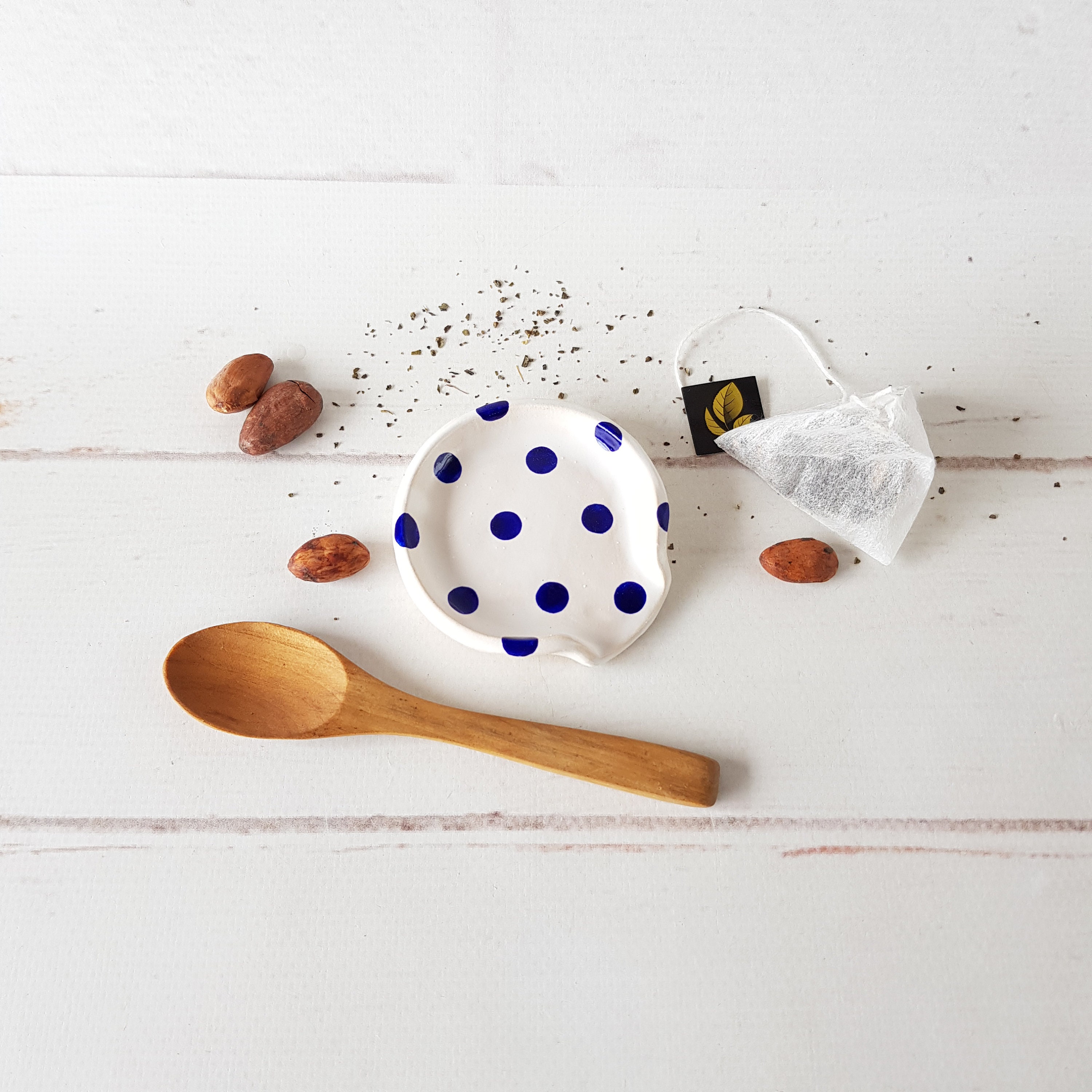 Ceramic tea bag dish Blue polka dot spoon rest Small spoon Etsy