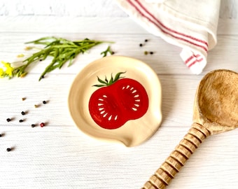 Red tomato spoon holder handmade for table Ceramic handpainted sliced tomato spoon rest Nature decor Kitchen accessories