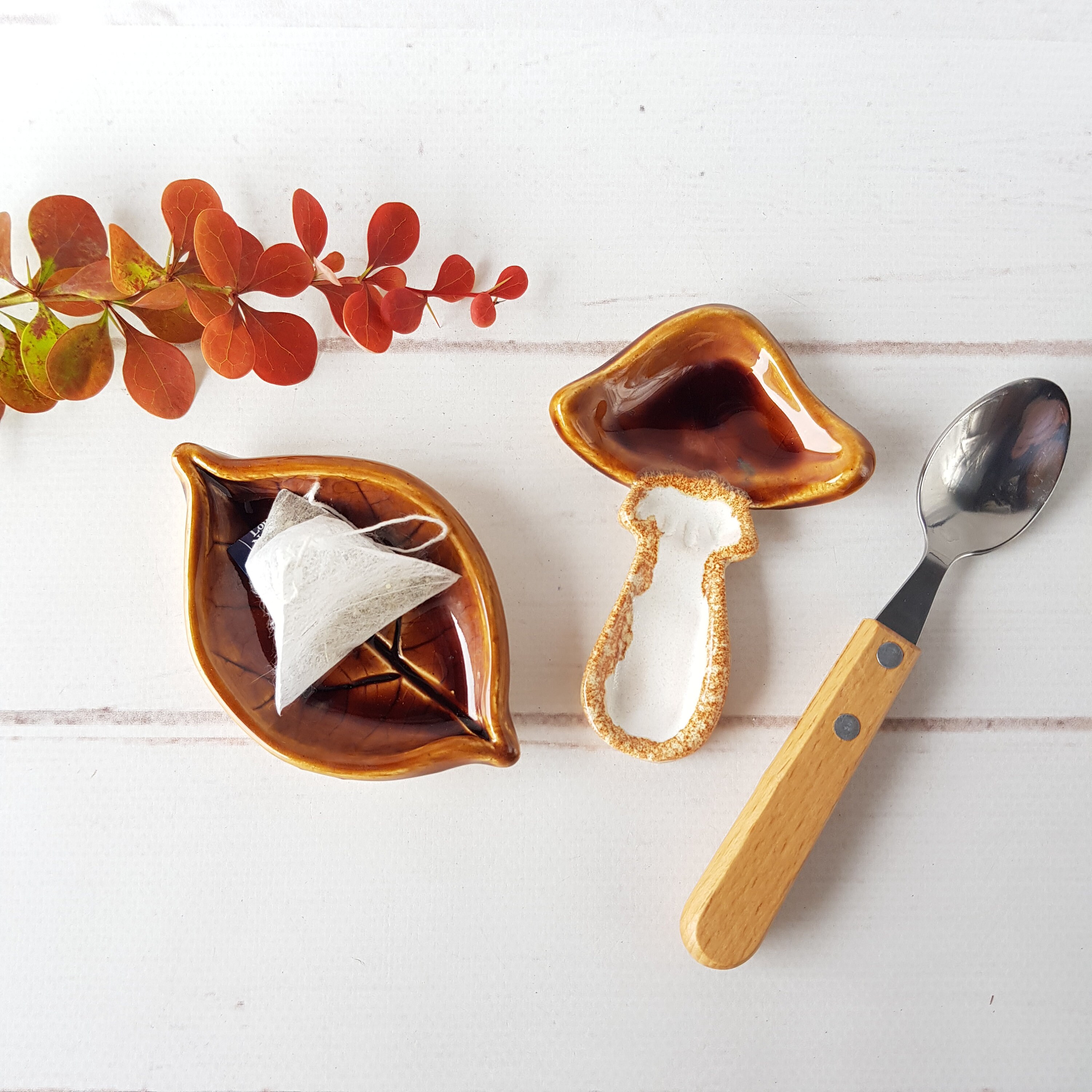 Ceramic leaf tea bag and spoon rest Clay mini brown spoon rest Etsy