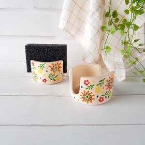 Flowers sponge holder Ceramic handpainted flower napkin holder Cottagecore decor