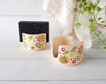 Flowers sponge holder Ceramic handpainted flower napkin holder Cottagecore decor