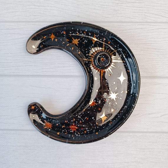 Crescent Moon Ceramic Incense Holder Moon Incense Burner Gold and