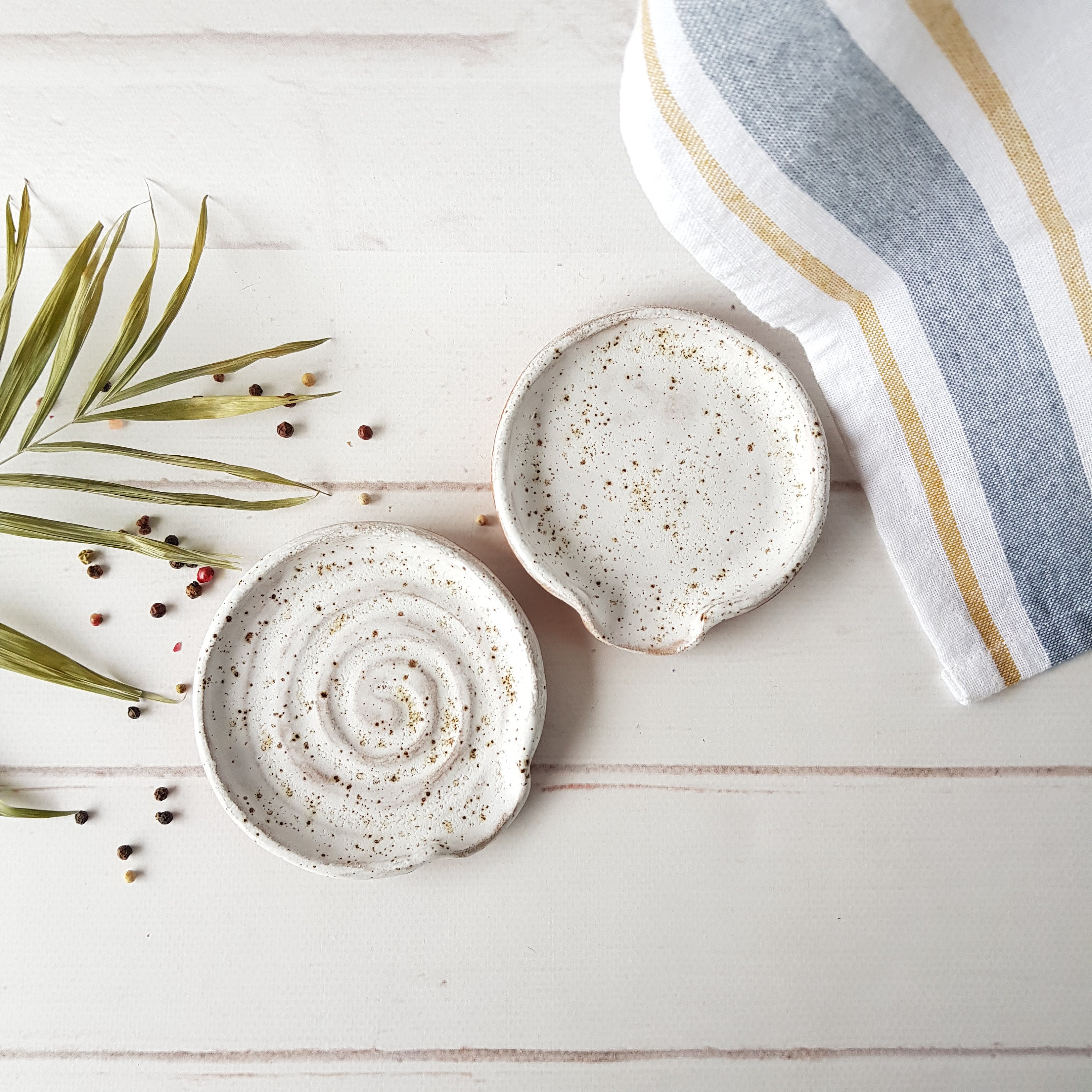 Set of 2 ceramic spoon rests for kitchen Speckled white spoon Etsy