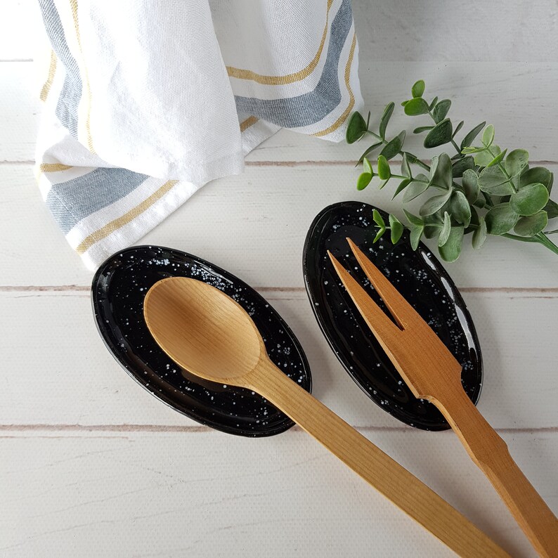 Black spoon rest Pottery utensil holder Ceramic minimalistic Etsy