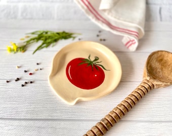 Ceramic handpainted red tomato spoon rest Tomato spoon holder handmade for table Nature decor Kitchen accessories