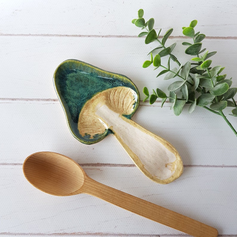 Ceramic green mushroom spoon rest handmade Pottery utensil holder Kitchen gift for her 