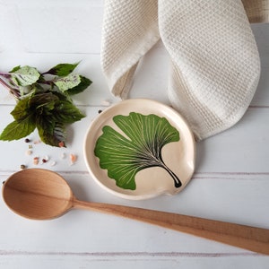 Ceramic ginkgo biloba spoon rest handpainted Kitchen green leaf spoon dish Cottagecore decor Pottery utensil holder
