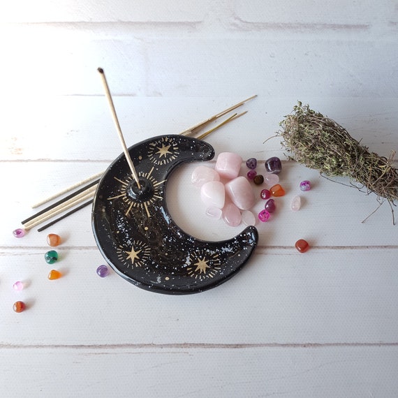 Crescent Moon Ceramic Incense Holder Moon Incense Burner Gold and