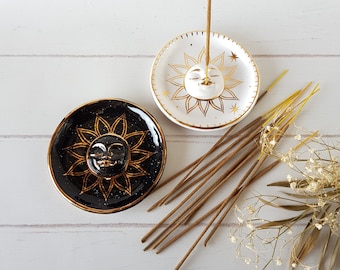 Sun incense holder Incense stick holder Round ceramic incense with gold paint burner Aromatherapy gift