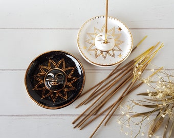 Sun incense holder Incense stick holder Round ceramic incense with gold paint burner Aromatherapy gift