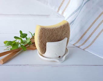Speckled ceramic sponge holder with tray for kitchen Sponge dish drainer Housewarming gift