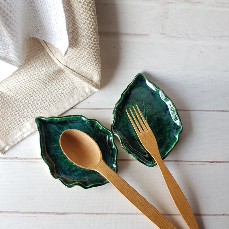 Ceramic Leaf Spoon Rest Emerald Green Spoon Rest Pottery Etsy