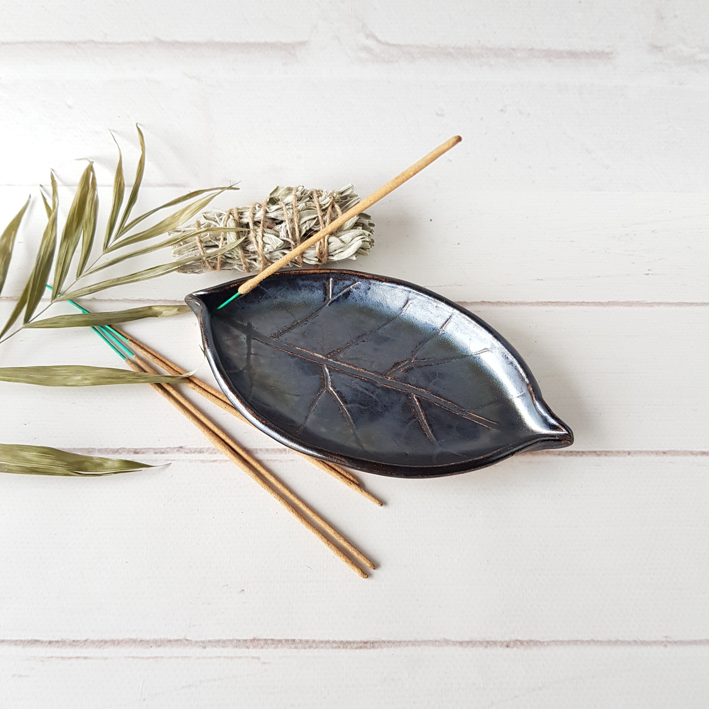 Metallic Leaf Incense Stick Holder Black Smudge Dish Ceramic Etsy