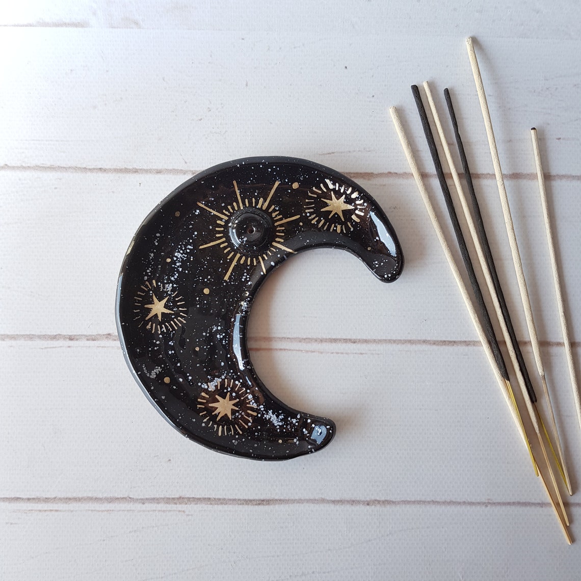 Crescent moon ceramic incense holder Moon incense burner Gold Etsy