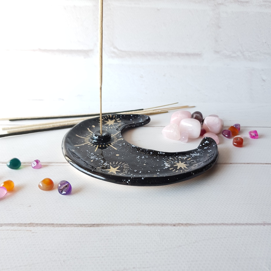Crescent moon ceramic incense holder Moon incense burner Gold Etsy