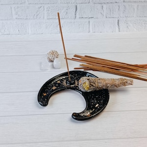 Crescent moon ceramic incense holder Moon incense burner Gold and black decor Wiccan witch altar Celestial lunar Witch gift idea