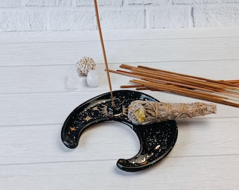 Crescent moon ceramic incense holder Moon incense burner Gold and black decor Wiccan witch altar Celestial lunar Witch gift idea