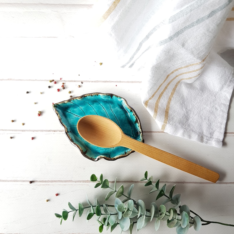 Turquoise Spoon Rest Ceramic Leaf Spoon Rest Pottery Utensil Etsy