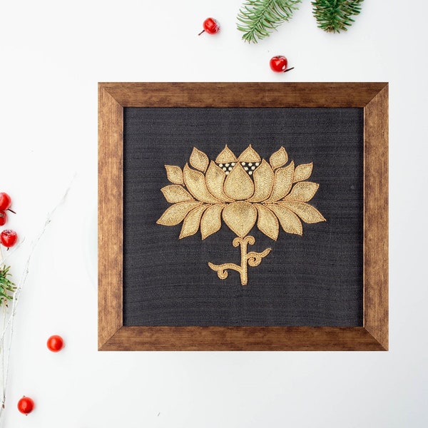 GOLDEN LOTUS |Embroidered wall art | Handmade and framed for spiritual growth | art work for home decor| Embroidered needlepoint art work