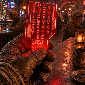 Könnte beinhalten: Eine rot leuchtende rechteckige Datenkarte mit Symbolen und Zahlen wird in einer behandschuhten Hand gehalten. Die Karte hat einen Barcode und eine Reihe von Symbolen und Zahlen. Der Hintergrund zeigt eine Barszene mit Gästen und gedämpfter Beleuchtung.