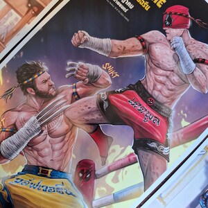 May include: A poster for the movie Deadpool vs. Wolverine. The poster features Deadpool and Wolverine in a Muay Thai fighting stance. The poster is in a red, yellow, and blue color scheme. The text on the poster reads "Deadpool vs. Wolverine" and "24 กรกฎาคม ในโรงภาพยนตร์".