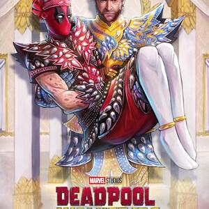 May include: A digital illustration of Deadpool and Wolverine dressed in traditional Thai clothing. Deadpool is holding Wolverine in his arms. The text "Deadpool & Wolverine" and "24 กรกฎาคม ในโรงภาพยนตร์" is displayed below the characters.